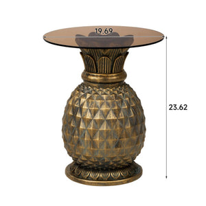 English Elm 23.62 Inch Pineapple Sculptural Side Table Tempered Glass Top Indoor Outdoor Accent N765P449527Y