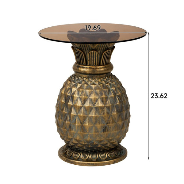 English Elm 23.62 Inch Pineapple Sculptural Side Table Tempered Glass Top Indoor Outdoor Accent N765P449527Y