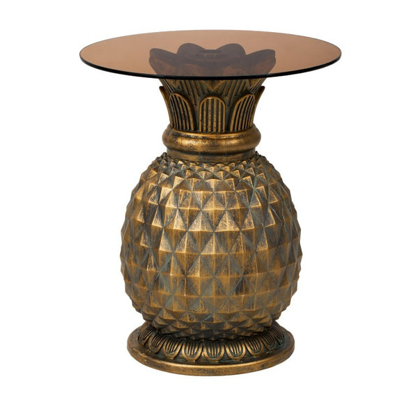 English Elm 23.62 Inch Pineapple Sculptural Side Table Tempered Glass Top Indoor Outdoor Accent N765P449527Y