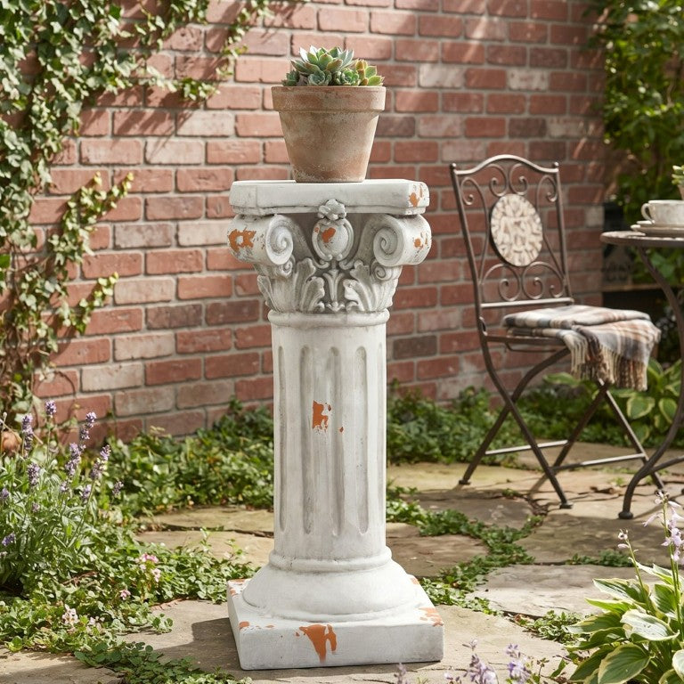 English Elm 22.44H Ionic MGO Column Pedestal Plant Stand with Antique White Carved Stone Finish N765P505086W