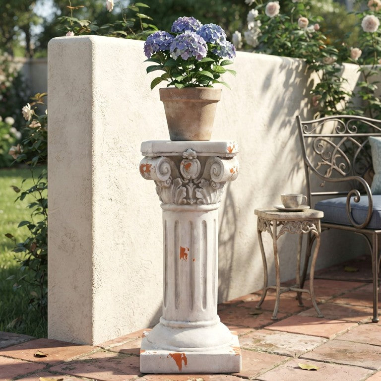 English Elm 22.44H Ionic MGO Column Pedestal Plant Stand with Antique White Carved Stone Finish N765P505086W