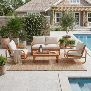 English Elm 4-piece Acacia Wood Outdoor Conversation Set with Plush Cushions for Patio Poolside N767P359149N