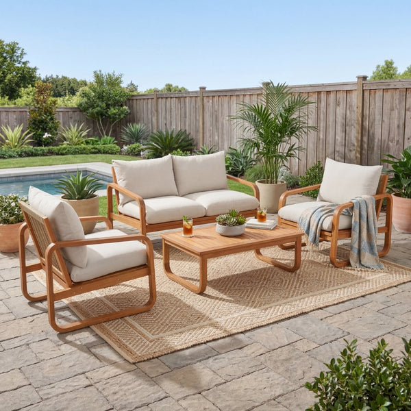 English Elm 4-piece Acacia Wood Outdoor Conversation Set with Plush Cushions for Patio Poolside N767P359149N