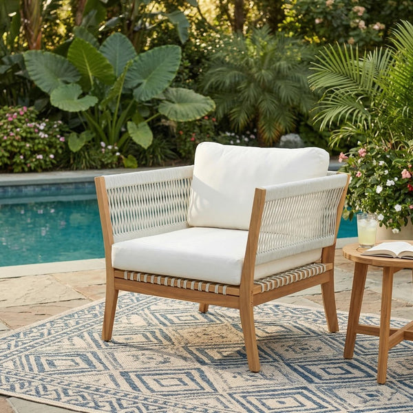 English Elm 30.3" Solid Acacia Outdoor Lounge Chair with Handwoven Rope and Deep Cushions N767P365575A