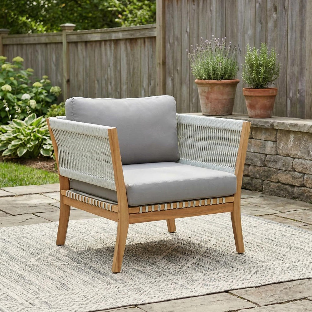 English Elm 30.3" Outdoor Acacia Wood Lounge Chair with Handwoven Rope and Thick Cushions N767P365575E