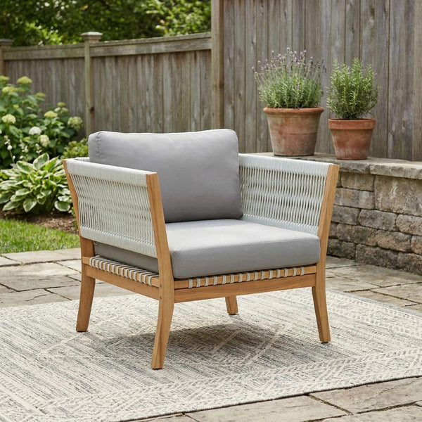 English Elm 30.3" Outdoor Acacia Wood Lounge Chair with Handwoven Rope and Thick Cushions N767P365575E
