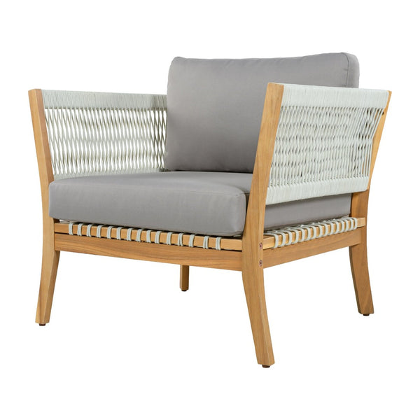 English Elm 30.3" Outdoor Acacia Wood Lounge Chair with Handwoven Rope and Thick Cushions N767P365575E
