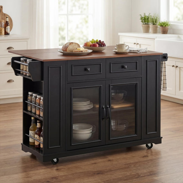 English Elm 54" Farmhouse Rolling Kitchen Island Solid Wood Cart with Glass Cabinet and Power Outlet Black+Walnut N767P417396B