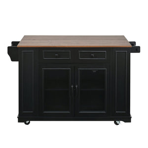 English Elm 54" Farmhouse Rolling Kitchen Island Solid Wood Cart with Glass Cabinet and Power Outlet Black+Walnut N767P417396B