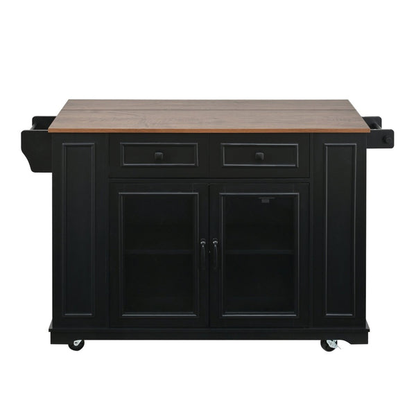 English Elm 54" Farmhouse Rolling Kitchen Island Solid Wood Cart with Glass Cabinet and Power Outlet Black+Walnut N767P417396B
