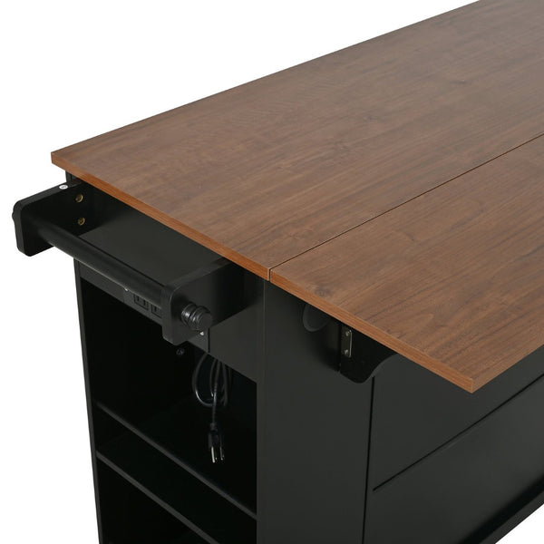 English Elm 54" Farmhouse Rolling Kitchen Island Solid Wood Cart with Glass Cabinet and Power Outlet Black+Walnut N767P417396B