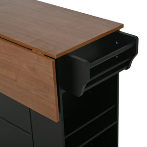 English Elm 54" Farmhouse Rolling Kitchen Island Solid Wood Cart with Glass Cabinet and Power Outlet Black+Walnut N767P417396B