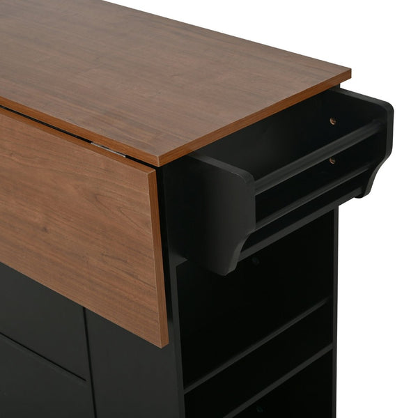 English Elm 54" Farmhouse Rolling Kitchen Island Solid Wood Cart with Glass Cabinet and Power Outlet Black+Walnut N767P417396B