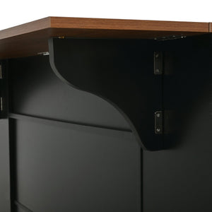 English Elm 54" Farmhouse Rolling Kitchen Island Solid Wood Cart with Glass Cabinet and Power Outlet Black+Walnut N767P417396B