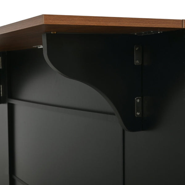 English Elm 54" Farmhouse Rolling Kitchen Island Solid Wood Cart with Glass Cabinet and Power Outlet Black+Walnut N767P417396B