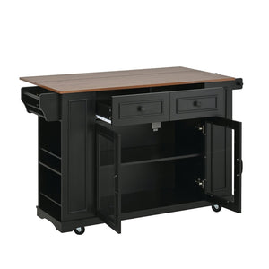 English Elm 54" Farmhouse Rolling Kitchen Island Solid Wood Cart with Glass Cabinet and Power Outlet Black+Walnut N767P417396B