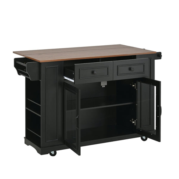 English Elm 54" Farmhouse Rolling Kitchen Island Solid Wood Cart with Glass Cabinet and Power Outlet Black+Walnut N767P417396B
