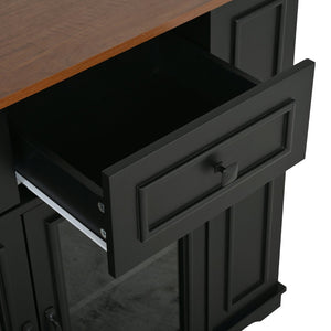 English Elm 54" Farmhouse Rolling Kitchen Island Solid Wood Cart with Glass Cabinet and Power Outlet Black+Walnut N767P417396B