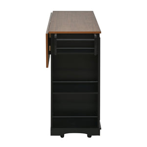 English Elm 54" Farmhouse Rolling Kitchen Island Solid Wood Cart with Glass Cabinet and Power Outlet Black+Walnut N767P417396B