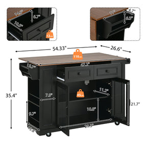 English Elm 54" Farmhouse Rolling Kitchen Island Solid Wood Cart with Glass Cabinet and Power Outlet Black+Walnut N767P417396B