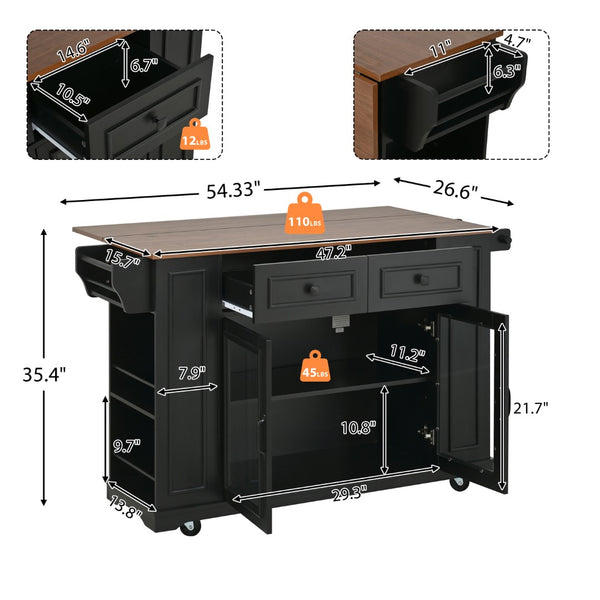 English Elm 54" Farmhouse Rolling Kitchen Island Solid Wood Cart with Glass Cabinet and Power Outlet Black+Walnut N767P417396B