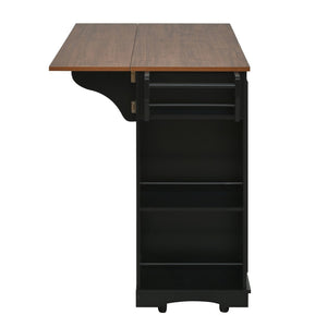 English Elm 54" Farmhouse Rolling Kitchen Island Solid Wood Cart with Glass Cabinet and Power Outlet Black+Walnut N767P417396B