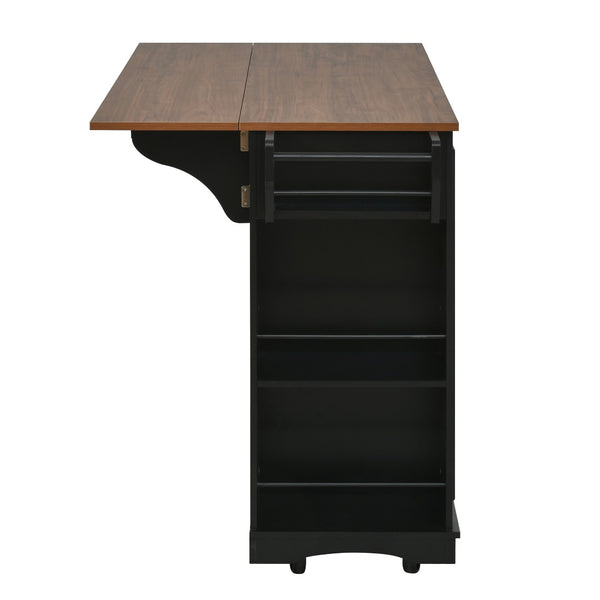 English Elm 54" Farmhouse Rolling Kitchen Island Solid Wood Cart with Glass Cabinet and Power Outlet Black+Walnut N767P417396B