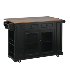 English Elm 54" Farmhouse Rolling Kitchen Island Solid Wood Cart with Glass Cabinet and Power Outlet Black+Walnut N767P417396B