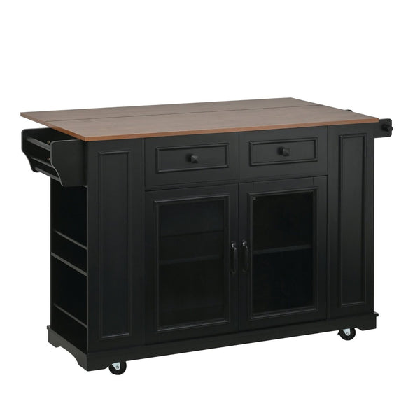 English Elm 54" Farmhouse Rolling Kitchen Island Solid Wood Cart with Glass Cabinet and Power Outlet Black+Walnut N767P417396B