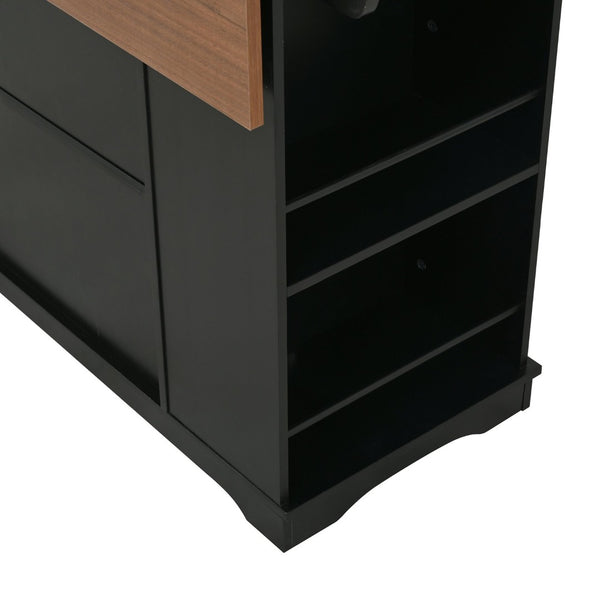 English Elm 54" Farmhouse Rolling Kitchen Island Solid Wood Cart with Glass Cabinet and Power Outlet Black+Walnut N767P417396B