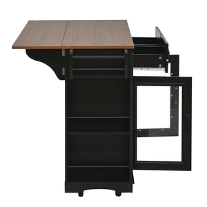English Elm 54" Farmhouse Rolling Kitchen Island Solid Wood Cart with Glass Cabinet and Power Outlet Black+Walnut N767P417396B