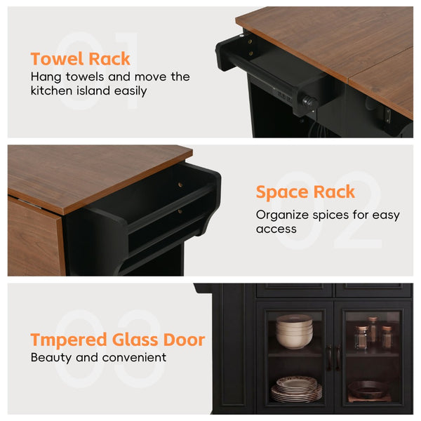English Elm 54" Farmhouse Rolling Kitchen Island Solid Wood Cart with Glass Cabinet and Power Outlet Black+Walnut N767P417396B