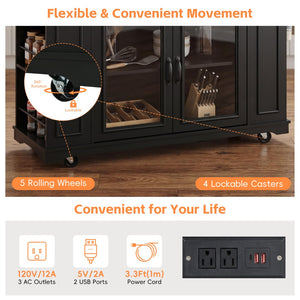 English Elm 54" Farmhouse Rolling Kitchen Island Solid Wood Cart with Glass Cabinet and Power Outlet Black+Walnut N767P417396B