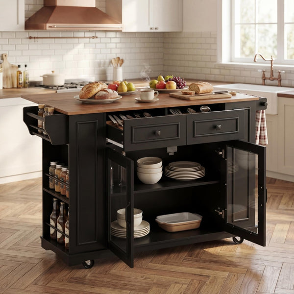 English Elm 54" Farmhouse Rolling Kitchen Island Solid Wood Cart with Glass Cabinet and Power Outlet Black+Walnut N767P417396B