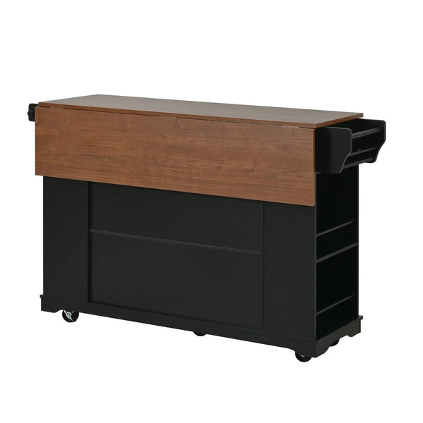 English Elm 54" Farmhouse Rolling Kitchen Island Solid Wood Cart with Glass Cabinet and Power Outlet Black+Walnut N767P417396B