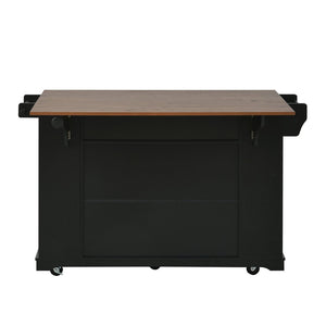 English Elm 54" Farmhouse Rolling Kitchen Island Solid Wood Cart with Glass Cabinet and Power Outlet Black+Walnut N767P417396B