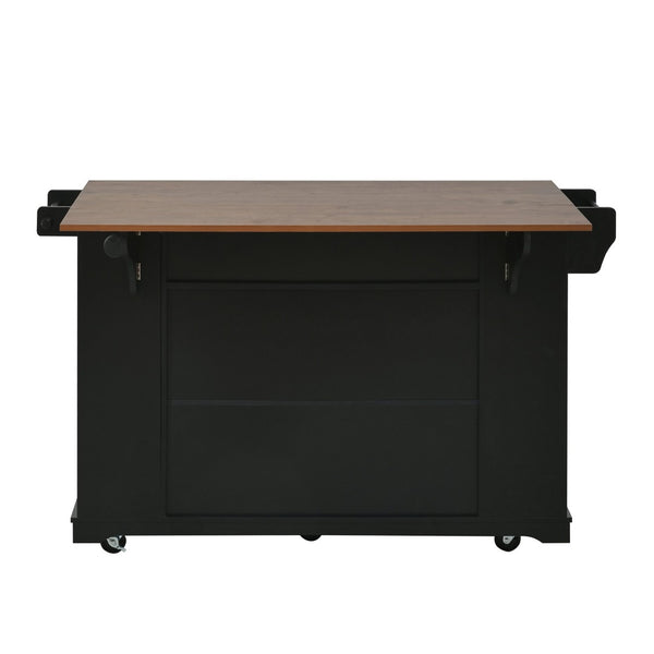 English Elm 54" Farmhouse Rolling Kitchen Island Solid Wood Cart with Glass Cabinet and Power Outlet Black+Walnut N767P417396B
