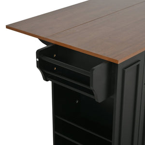 English Elm 54" Farmhouse Rolling Kitchen Island Solid Wood Cart with Glass Cabinet and Power Outlet Black+Walnut N767P417396B
