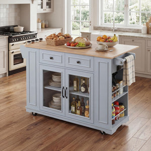 English Elm 54" Farmhouse Rolling Kitchen Island Solid Wood Cart with Glass Cabinet and Power Outlet Blue Gray N767P417396E