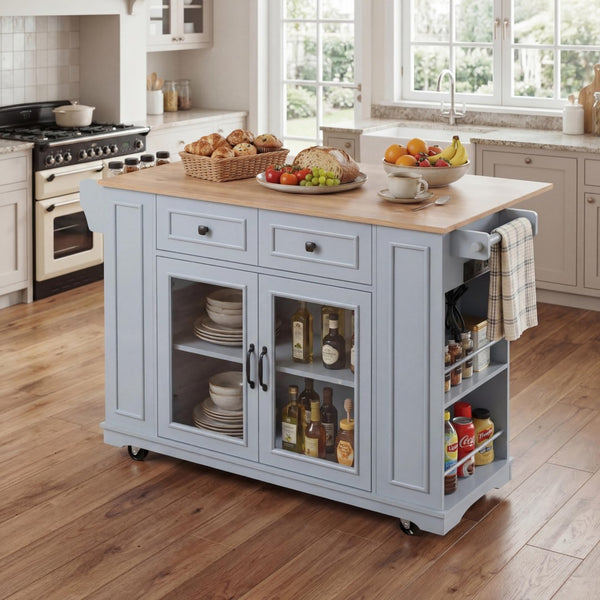 English Elm 54" Farmhouse Rolling Kitchen Island Solid Wood Cart with Glass Cabinet and Power Outlet Blue Gray N767P417396E