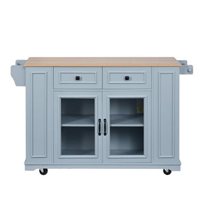 English Elm 54" Farmhouse Rolling Kitchen Island Solid Wood Cart with Glass Cabinet and Power Outlet Blue Gray N767P417396E