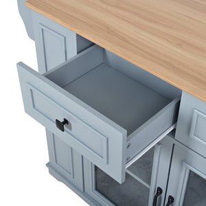 English Elm 54" Farmhouse Rolling Kitchen Island Solid Wood Cart with Glass Cabinet and Power Outlet Blue Gray N767P417396E