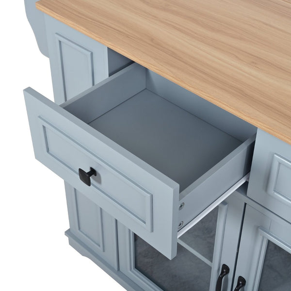 English Elm 54" Farmhouse Rolling Kitchen Island Solid Wood Cart with Glass Cabinet and Power Outlet Blue Gray N767P417396E