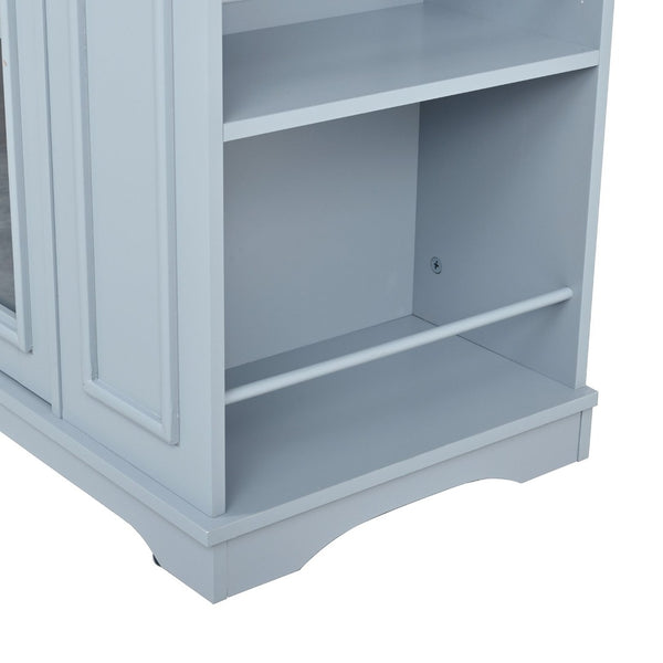 English Elm 54" Farmhouse Rolling Kitchen Island Solid Wood Cart with Glass Cabinet and Power Outlet Blue Gray N767P417396E