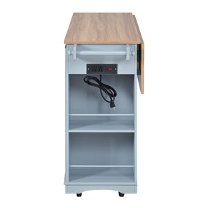 English Elm 54" Farmhouse Rolling Kitchen Island Solid Wood Cart with Glass Cabinet and Power Outlet Blue Gray N767P417396E