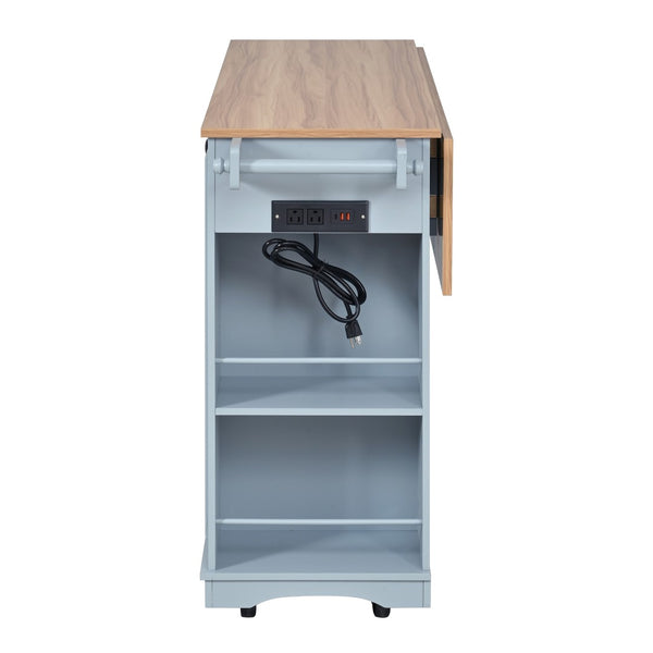English Elm 54" Farmhouse Rolling Kitchen Island Solid Wood Cart with Glass Cabinet and Power Outlet Blue Gray N767P417396E