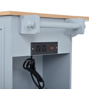 English Elm 54" Farmhouse Rolling Kitchen Island Solid Wood Cart with Glass Cabinet and Power Outlet Blue Gray N767P417396E