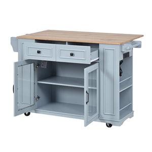 English Elm 54" Farmhouse Rolling Kitchen Island Solid Wood Cart with Glass Cabinet and Power Outlet Blue Gray N767P417396E