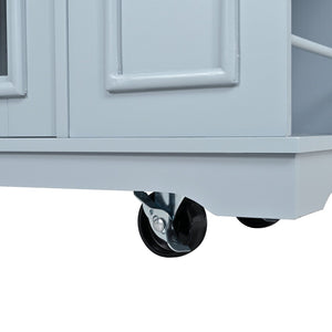 English Elm 54" Farmhouse Rolling Kitchen Island Solid Wood Cart with Glass Cabinet and Power Outlet Blue Gray N767P417396E