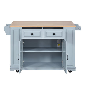 English Elm 54" Farmhouse Rolling Kitchen Island Solid Wood Cart with Glass Cabinet and Power Outlet Blue Gray N767P417396E